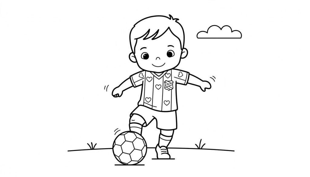 Kleurplaat van een lachende jongen in SC Heerenveen voetbaltenue met hartjes, zijn voet op een voetbal, op een grasveld met wolk.