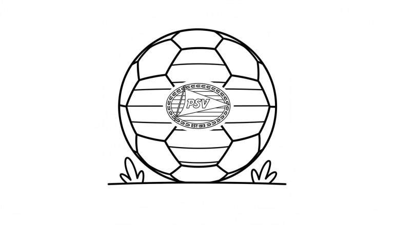 Zwart-wit kleurplaat van een voetbal met PSV-logo en 'EST 1913', rustend op gras.