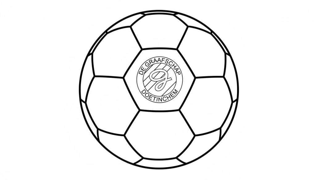 Kleurplaat: Voetbal met De Graafschap logo, inclusief de teksten 'DE GRAAFSCHAP' en 'DOETINCHEM' en een gestileerde 'G'.