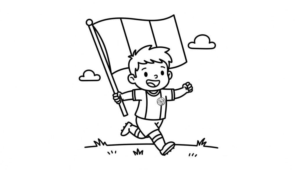 Kleurplaat: Vrolijke, rennende voetbaljongen in sporttenue met Ajax-embleem, zwaaiend met een blanco driekleurige vlag, viert een overwinning.