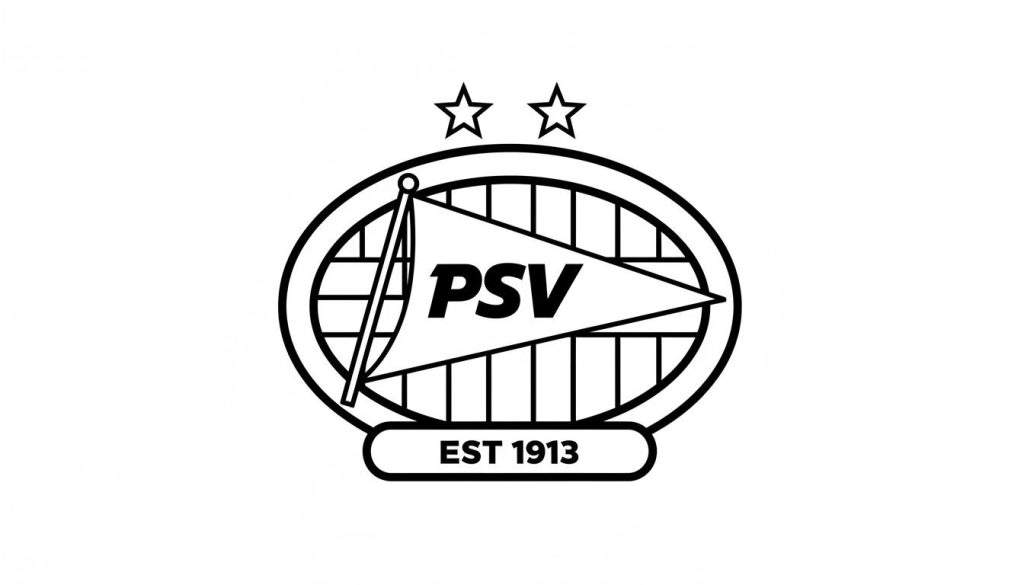 Zwart-witte kleurplaat van het PSV logo met een cirkel, diagonaal wapperend vaandel met 'PSV', twee open sterren erboven en 'EST 1913' eronder.