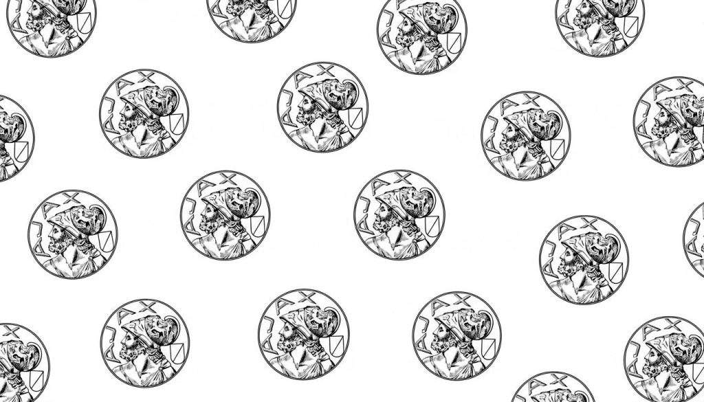 Zwart-wit kleurplaat met herhalend patroon van cirkelvormige medaillons. Elk medaillon toont een profiel van een bebaarde man met Phrygische muts en de letters 'PAX'.