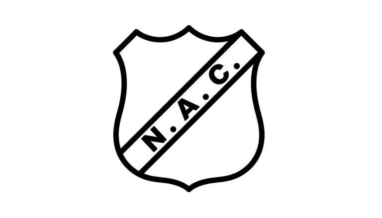Zwart-wit kleurplaat van het NAC Breda logo: een schild met golvende bovenrand, een diagonale band en de letters 'N. A. C.' in zwarte hoofdletters.
