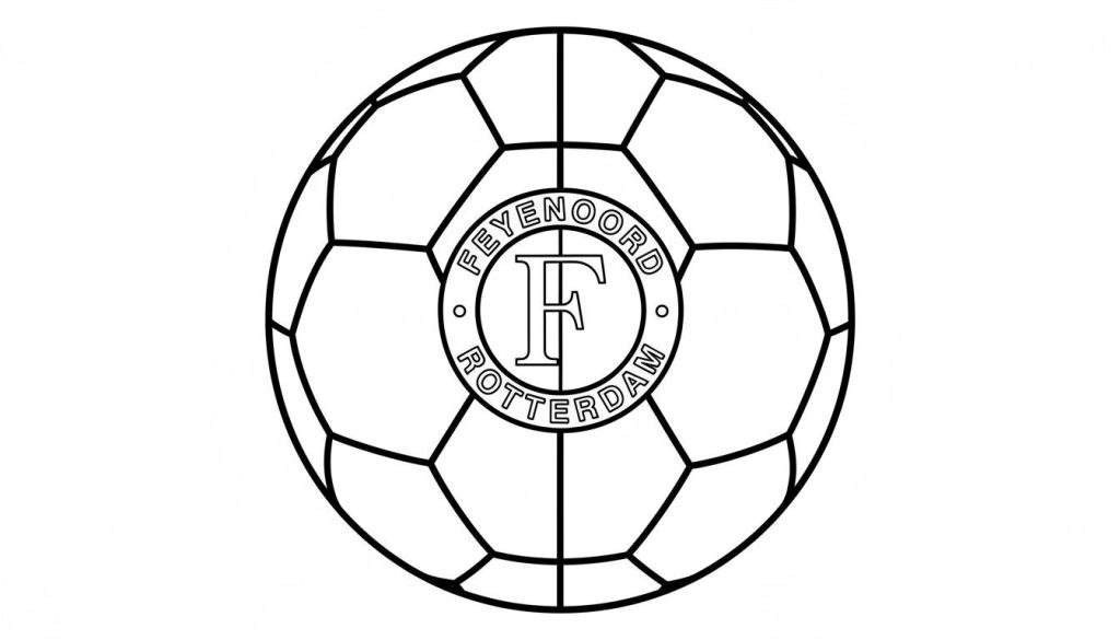 Zwart-wit kleurplaat van een klassieke voetbal met daarop het ronde logo van voetbalclub Feyenoord, inclusief de letter 'F', 'FEYENOORD' en 'ROTTERDAM'.