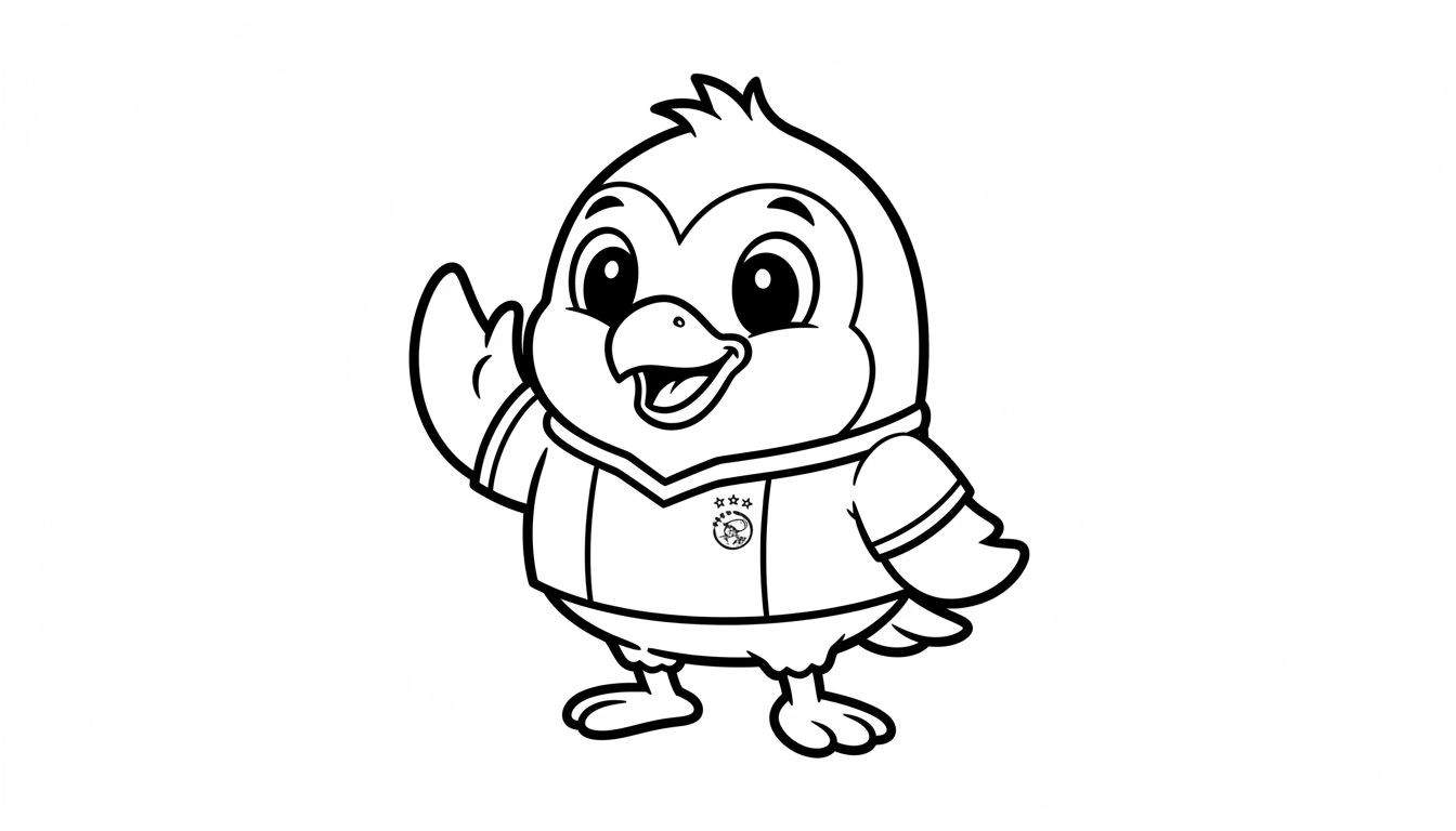 Zwart-wit lijntekening van een lachende, cartooneske vogelmascotte in een sportief shirt met V-hals, drie sterren en een rond clublogo. De vogel heeft een pluimpje, grote vriendelijke ogen, open snavel en zwaait vrolijk met zijn rechtervleugel.