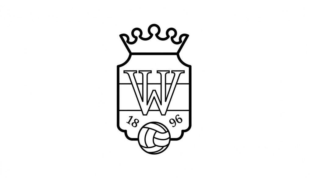 Zwart-wit kleurplaat van een sportclublogo met een schild, kroon, gestileerde 'W' (opgebouwd uit twee 'V's'), de jaartallen '18' en '96' (voor 1896), en een volleybal eronder. Het is een embleem van een volleybalclub, waarschijnlijk Willem II, opgericht in 1896.