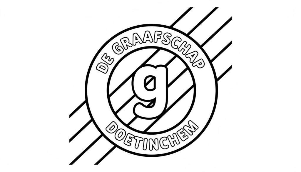De Graafschap logo kleurplaat met gestileerde 'g' in een cirkel, diagonale strepen, en teksten 'DE GRAAFSCHAP' en 'DOETINCHEM'.
