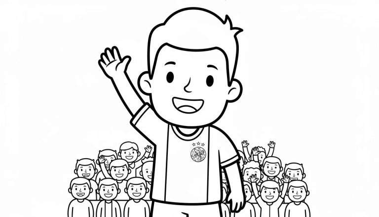 Zwart-wit kleurplaat van een lachende jongen in een Ajax-shirt met embleem en drie sterren, die zijn rechterhand omhoog zwaait naar een groep juichende fans op de achtergrond.