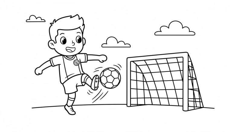 Zwart-wit kleurplaat van een lachende jongen in Ajax voetbaltenue die een bal schopt richting een doel, met bewegingsstreepjes en wolken op de achtergrond.