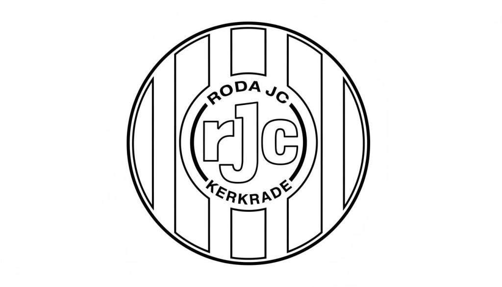 Rond logo van Roda JC Kerkrade met verticale strepen, teksten 'RODA JC' en 'KERKRADE' in de bogen, en het monogram 'rjc'.