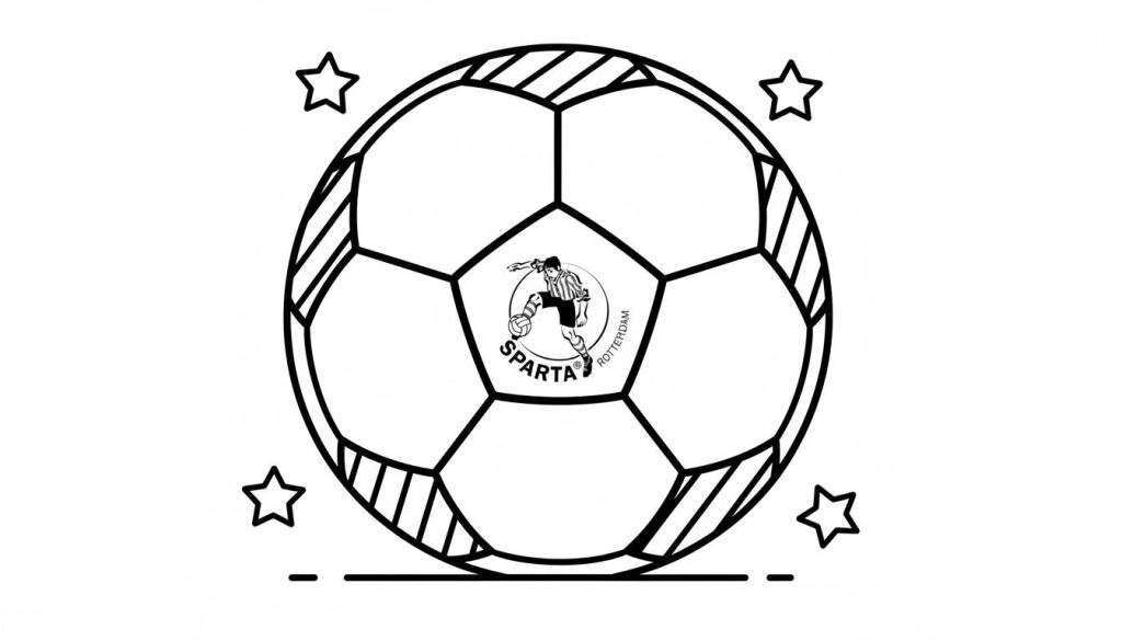 Zwart-wit kleurplaat van een voetbal met het Sparta Rotterdam clublogo in het midden, waarop een voetballer staat afgebeeld met de tekst 'SPARTA ROTTERDAM' en vier zwevende sterren.