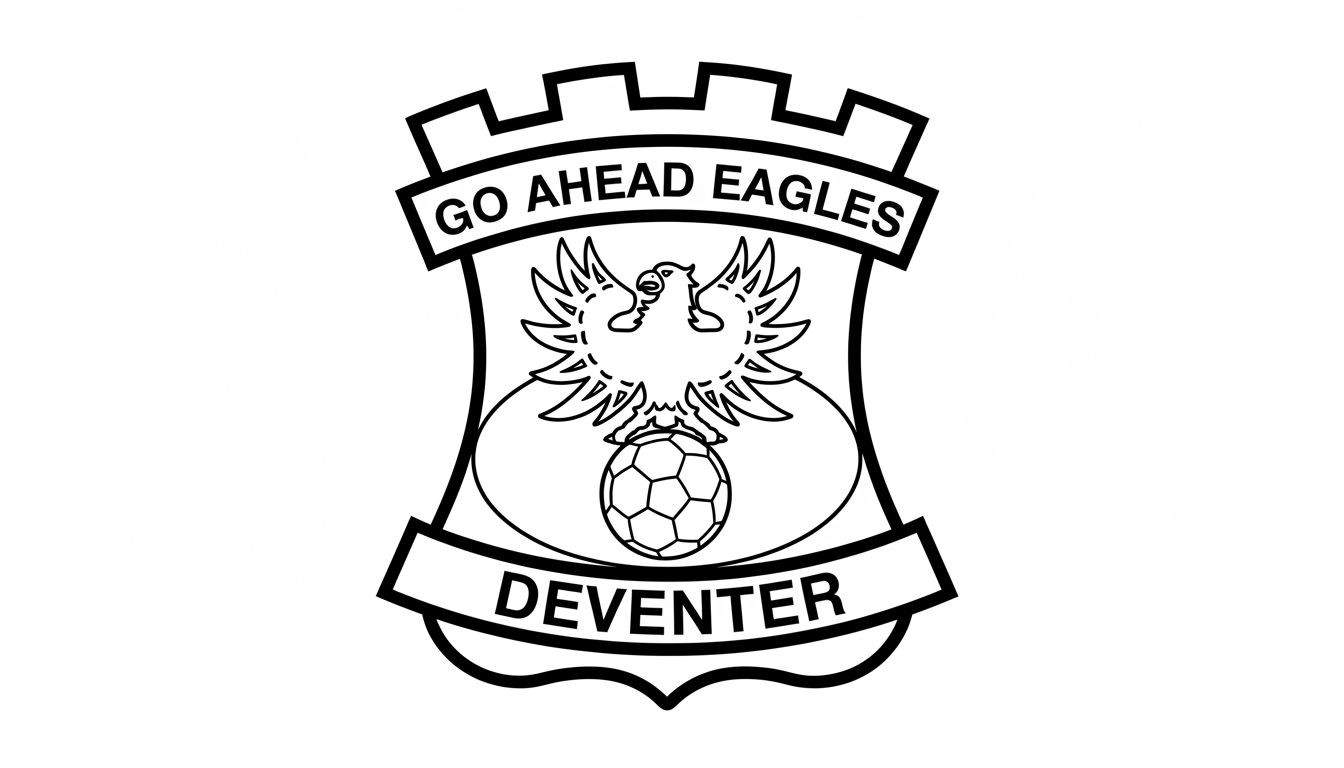 Zwart-wit lijntekening van het Go Ahead Eagles voetbalclublogo: een schild met gekanteelde rand, 'GO AHEAD EAGLES' bovenaan, een adelaar met uitgespreide vleugels op een voetbal in het midden, en 'DEVENTER' onderaan.