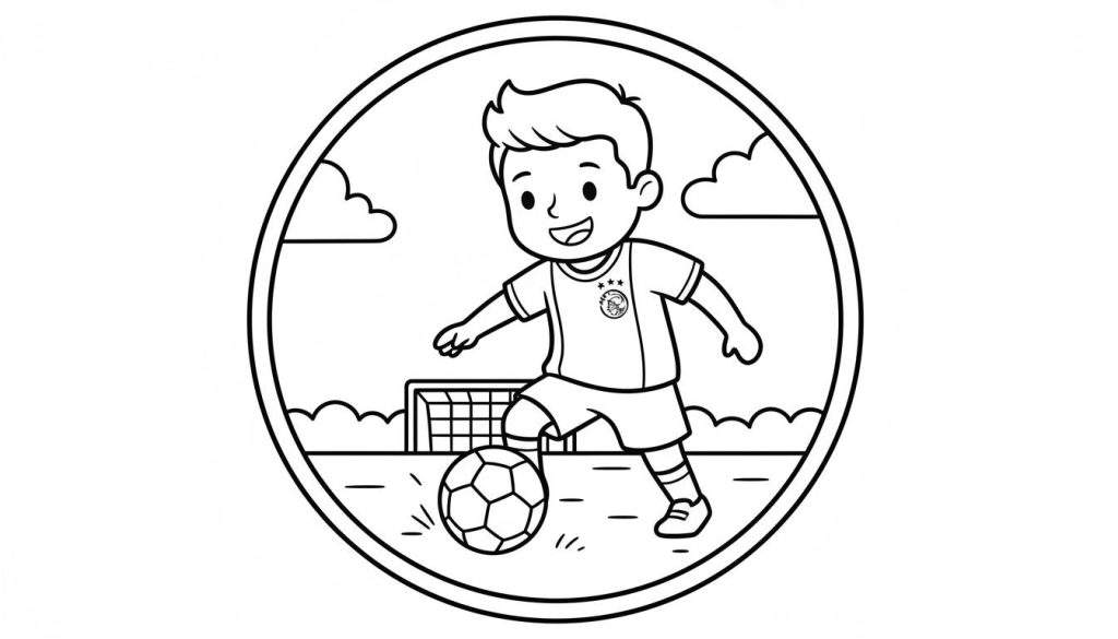Kleurplaat van een lachende jongen in Ajax tenue met drie sterren, die zijn linkervoet op een voetbal heeft. Op de achtergrond staat een voetbaldoel en zijn er wolken te zien. Het geheel is rond ingelijst.