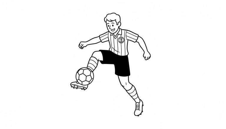 Zwart-witte lijntekening van een lachende jonge Sparta Rotterdam voetballer die de bal hooghoudt op zijn linkervoet, gekleed in gestreept tenue met embleem.