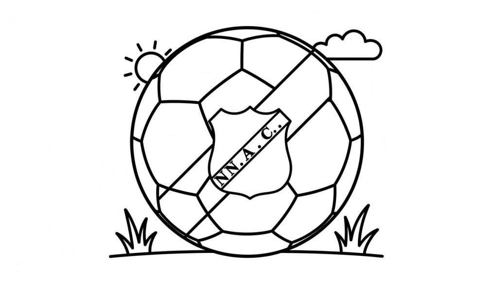 Zwart-wit lijntekening van een klassieke voetbal met een 'NN.A.C.' logo, gedeeltelijke zon, een wolk en gras onder de bal. Een NAC Breda kleurplaat.