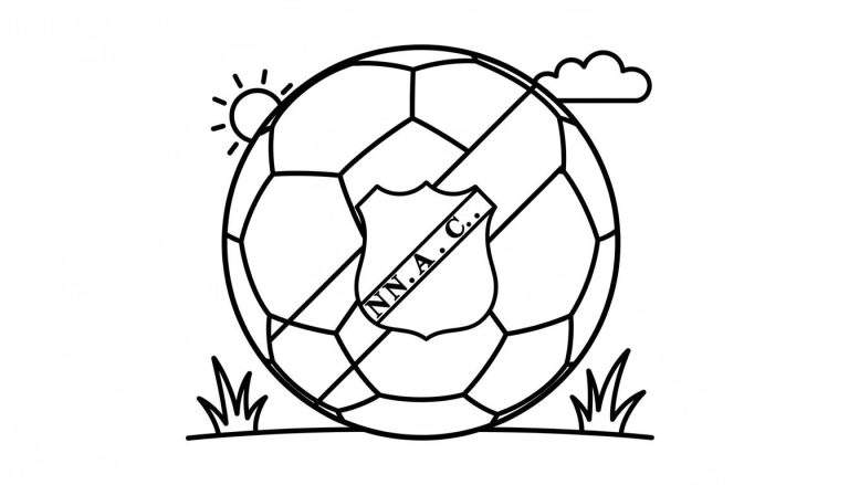Zwart-wit lijntekening van een klassieke voetbal met een 'NN.A.C.' logo, gedeeltelijke zon, een wolk en gras onder de bal. Een NAC Breda kleurplaat.
