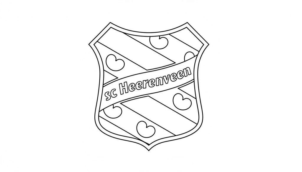 Zwart-wit lijntekening van het sc Heerenveen logo, een schild met een diagonale band met 'sc Heerenveen', diagonale strepen en zeven pompeblêden.