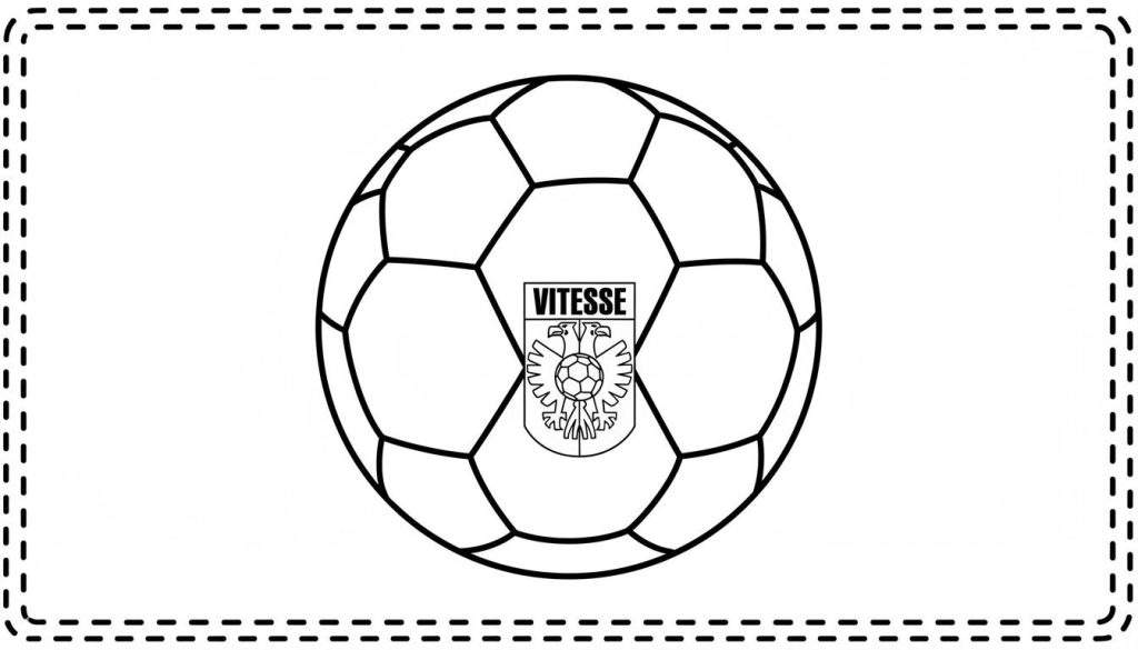 Kleurplaat van een klassieke voetbal met het logo van Vitesse, inclusief de naam VITESSE en een dubbele adelaar die een voetbal vasthoudt. De afbeelding is omrand met een gestippelde lijn.