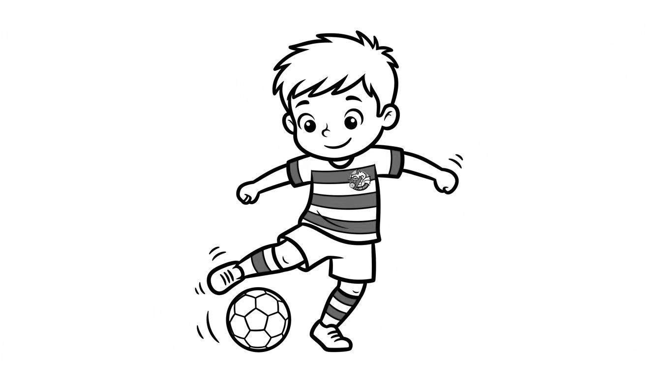 Zwart-wit kleurplaat van een lachende jongen die een voetbal trapt, gekleed in een FC Den Bosch tenue met bewegingslijntjes.