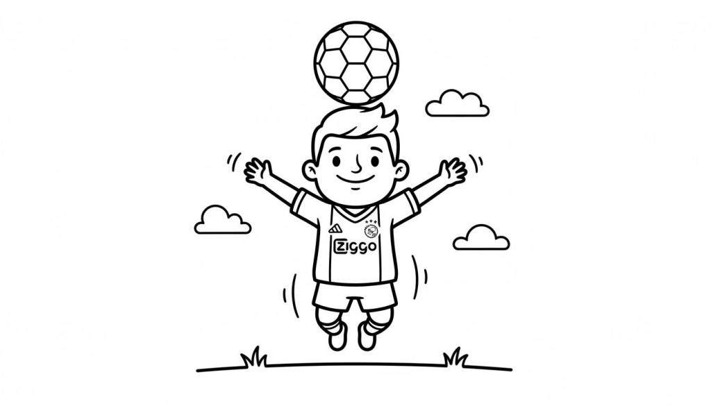 Kleurplaat van een lachende jongen in Ajax tenue, springend met voetbal op zijn hoofd. Met Adidas, Ajax en Ziggo logo's. Wolken en gras op de achtergrond.