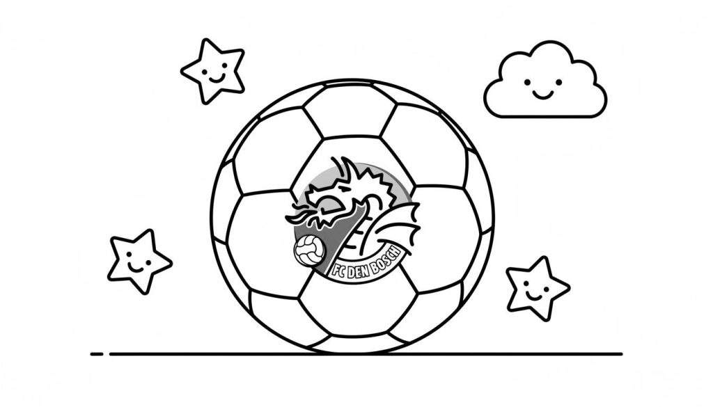 Zwart-wit kleurplaat van een grote voetbal met het FC Den Bosch draak logo, omringd door vier lachende sterren, een vrolijk wolkje en een stippellijn onderaan.