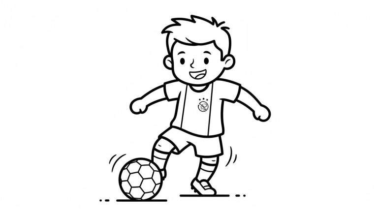 Zwart-wit lijntekening van een vrolijke jongen in Ajax voetbaltenue die een voetbal dribbelt, met bewegingslijnen.