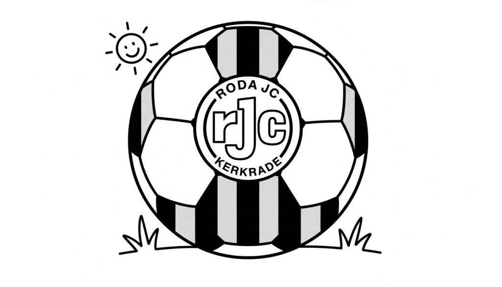 Zwart-wit Roda JC voetbal kleurplaat met klassieke panelen, het Roda JC Kerkrade logo in het midden, een lachende zon linksboven en graslijnen onderaan.