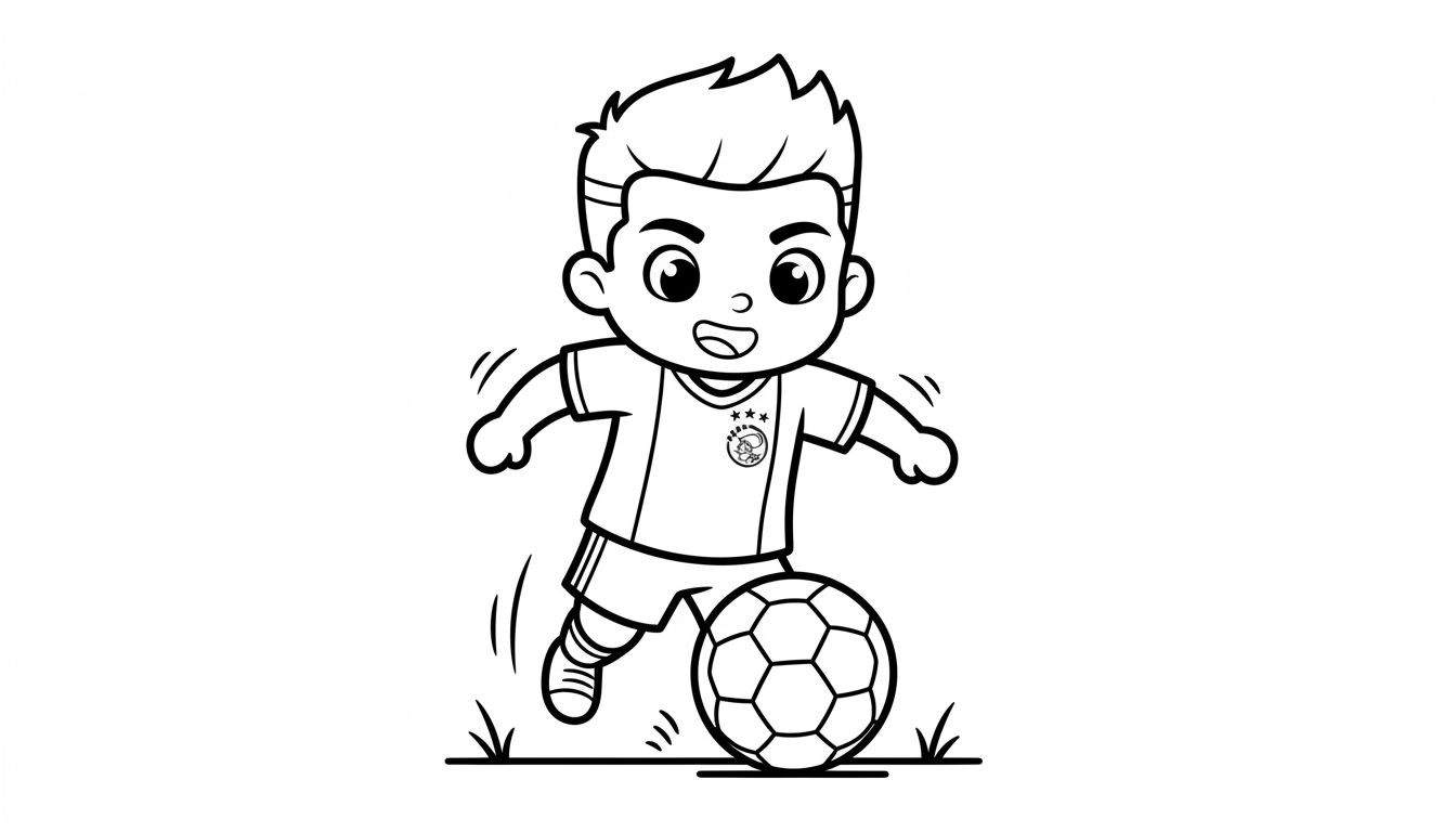 Zwart-wit kleurplaat van een blije cartoonjongen in Ajax-achtig voetbaltenue, dribbelend met een voetbal, met bewegingslijnen en gras.