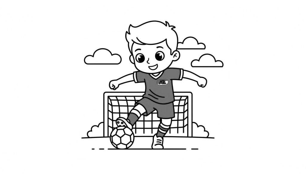 Zwart-wit kleurplaat van een vrolijke cartoon jongen in AZ voetbaltenue, staand met een voet op een voetbal voor een voetbaldoel met net, met drie wolken erboven.
