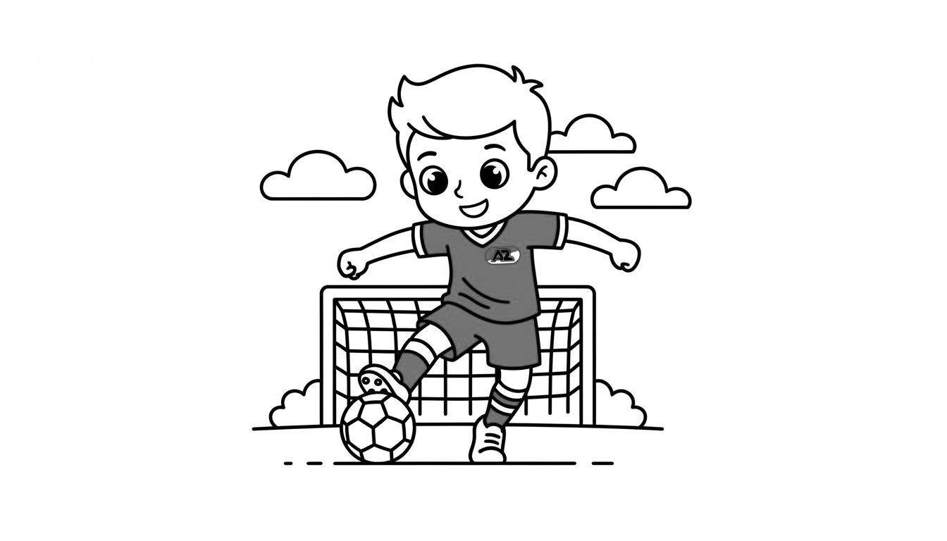 Zwart-wit kleurplaat van een vrolijke cartoon jongen in AZ voetbaltenue, staand met een voet op een voetbal voor een voetbaldoel met net, met drie wolken erboven.