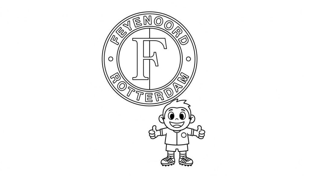 Feyenoord kleurplaat met clublogo en lachende jongen in voetbaltenue die twee duimen omhoog steekt.