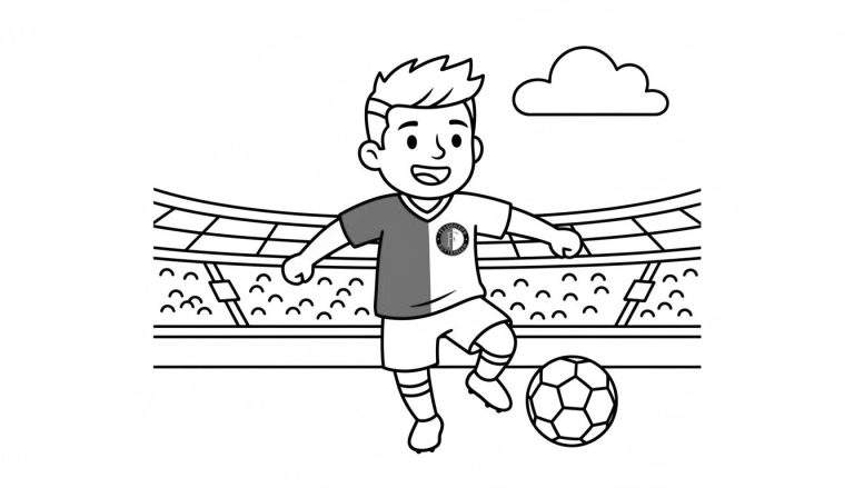Zwart-wit kleurplaat van een lachende jongen in een Feyenoord-tenue met logo, dribbelend met een voetbal in een stadion met toeschouwers en een wolk.