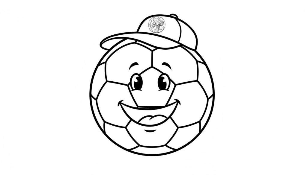 Zwart-wit lijntekening van een vrolijke voetbal met een lachend gezicht, twee blije ogen en een baseballpetje met een mysterieus logo, gerelateerd aan Ajax.