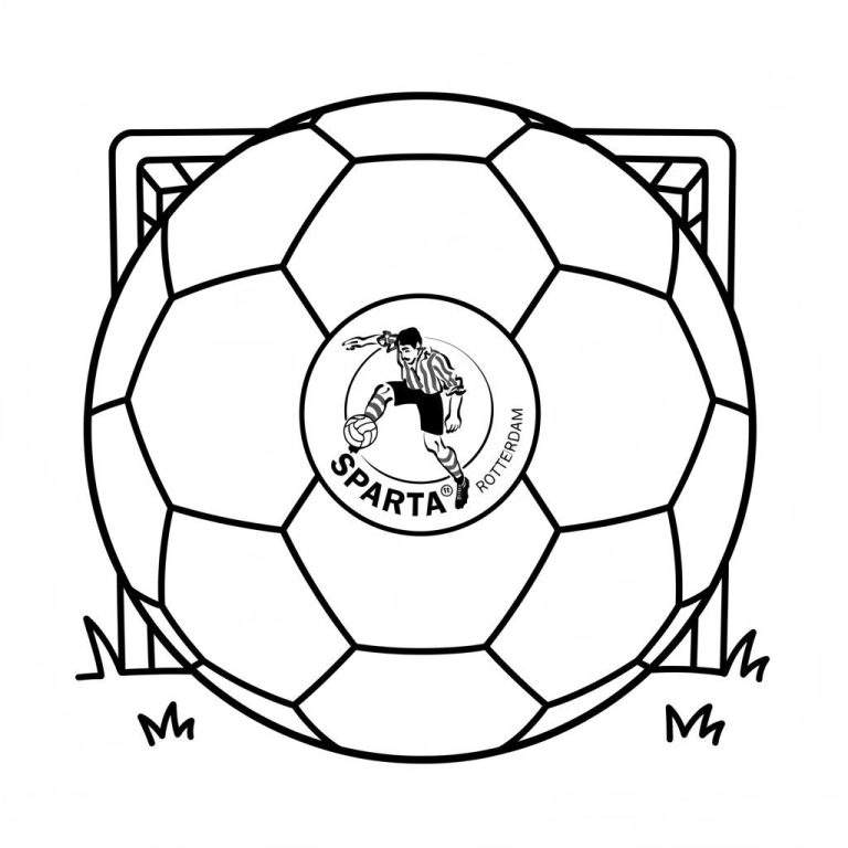 Zwart-witte Sparta Rotterdam kleurplaat met voetbal, clubembleem, speler, doelnet en gras.