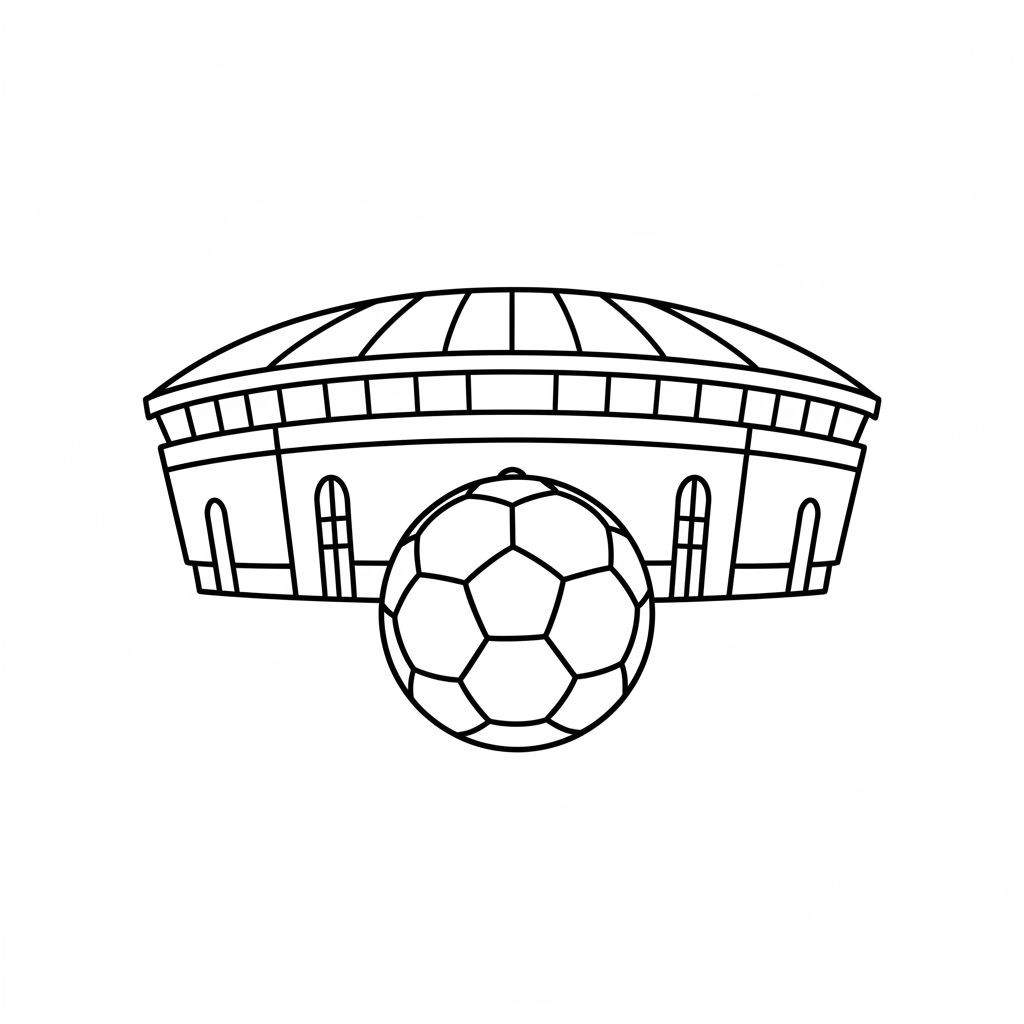 Zwart-wit kleurplaat van een voetbalstadion met boogvormige ingangen en een klassieke voetbal op de voorgrond. Illustreert het Ajax stadion thema.