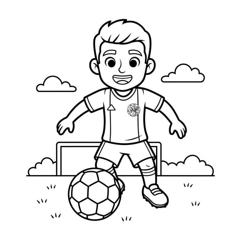 Zwart-wit kleurplaat van een blije jonge voetballer in tenue, met voetbal aan zijn voeten en een voetbaldoel op de achtergrond. Er zijn ook graspolletjes en wolken zichtbaar.