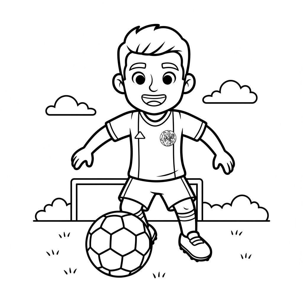 Zwart-wit kleurplaat van een blije jonge voetballer in tenue, met voetbal aan zijn voeten en een voetbaldoel op de achtergrond. Er zijn ook graspolletjes en wolken zichtbaar.