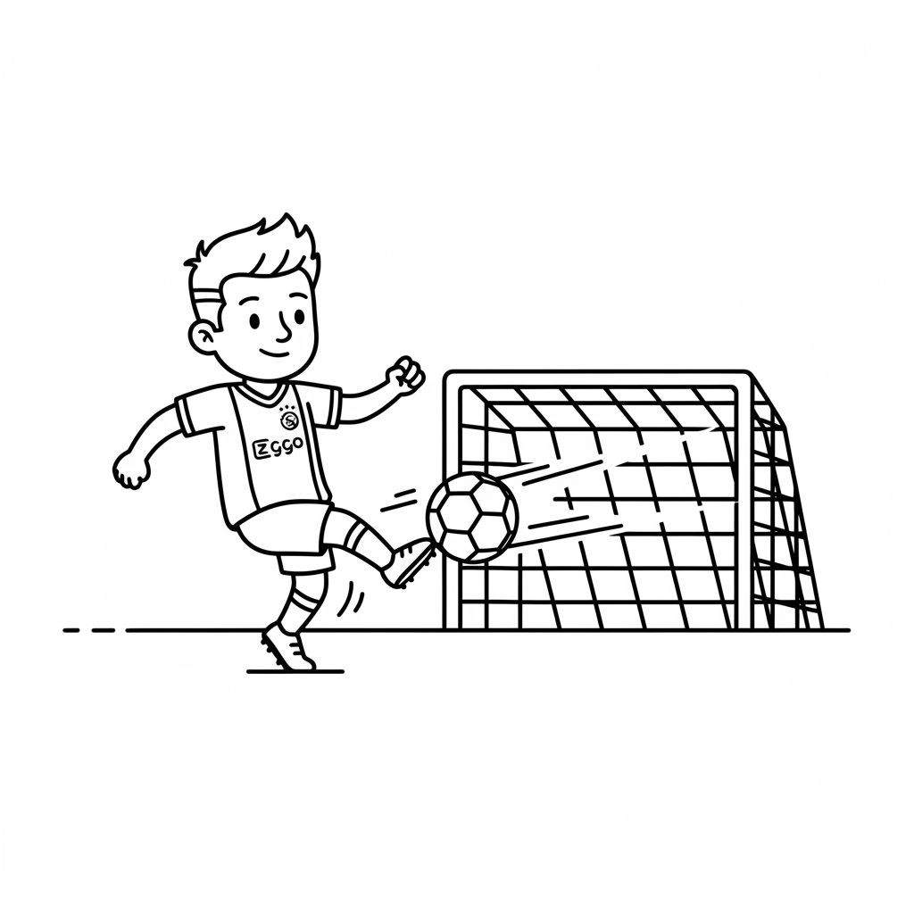 Zwart-wit kleurplaat van een cartoonachtige jongen in een Ajax Ziggo voetbalshirt die een bal trapt richting een doel. De bal is in beweging.