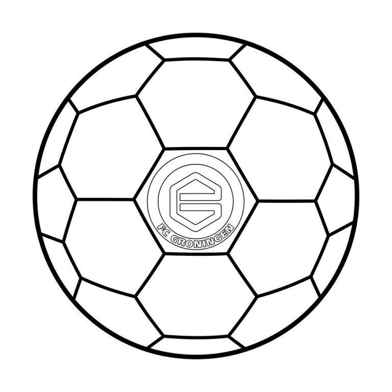 Kleurplaat van een klassieke voetbal met het logo van FC Groningen, inclusief de clubnaam en het gestileerde 'G'-embleem, in zwart-wit lijntekening.