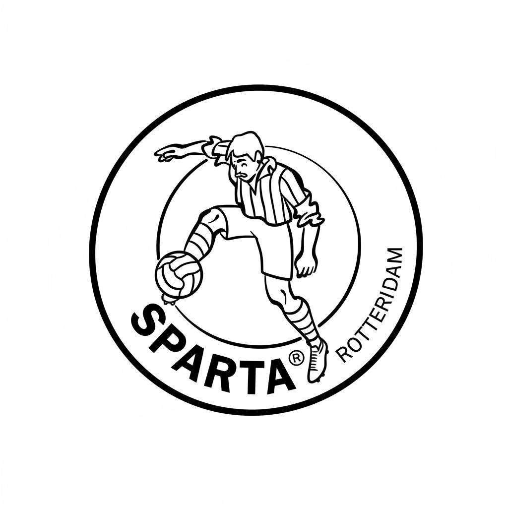 Zwart-wit kleurplaat van het ronde Sparta Rotterdam logo, met een mannelijke voetballer in gestreept shirt die een voetbal dribbelt. De teksten 'SPARTA®' aan de onderkant en 'ROTTERIDAM' verticaal aan de rechterkant zijn in de randen verwerkt.