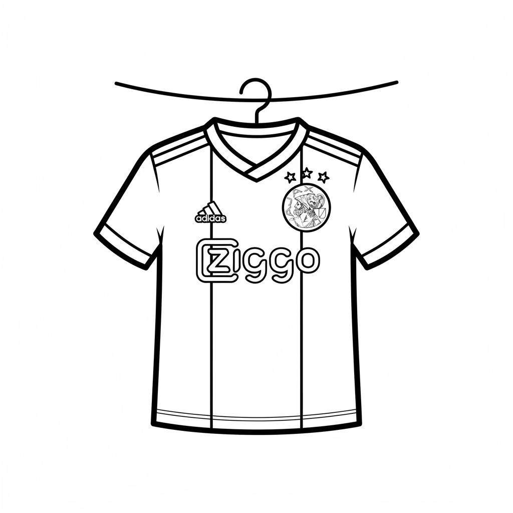 Zwart-witte kleurplaat van een Ajax voetbalshirt (Adidas, Ziggo) met korte mouwen en V-hals, hangend aan een waslijn met kledinghanger. Het clublogo van Ajax met drie sterren is duidelijk zichtbaar.