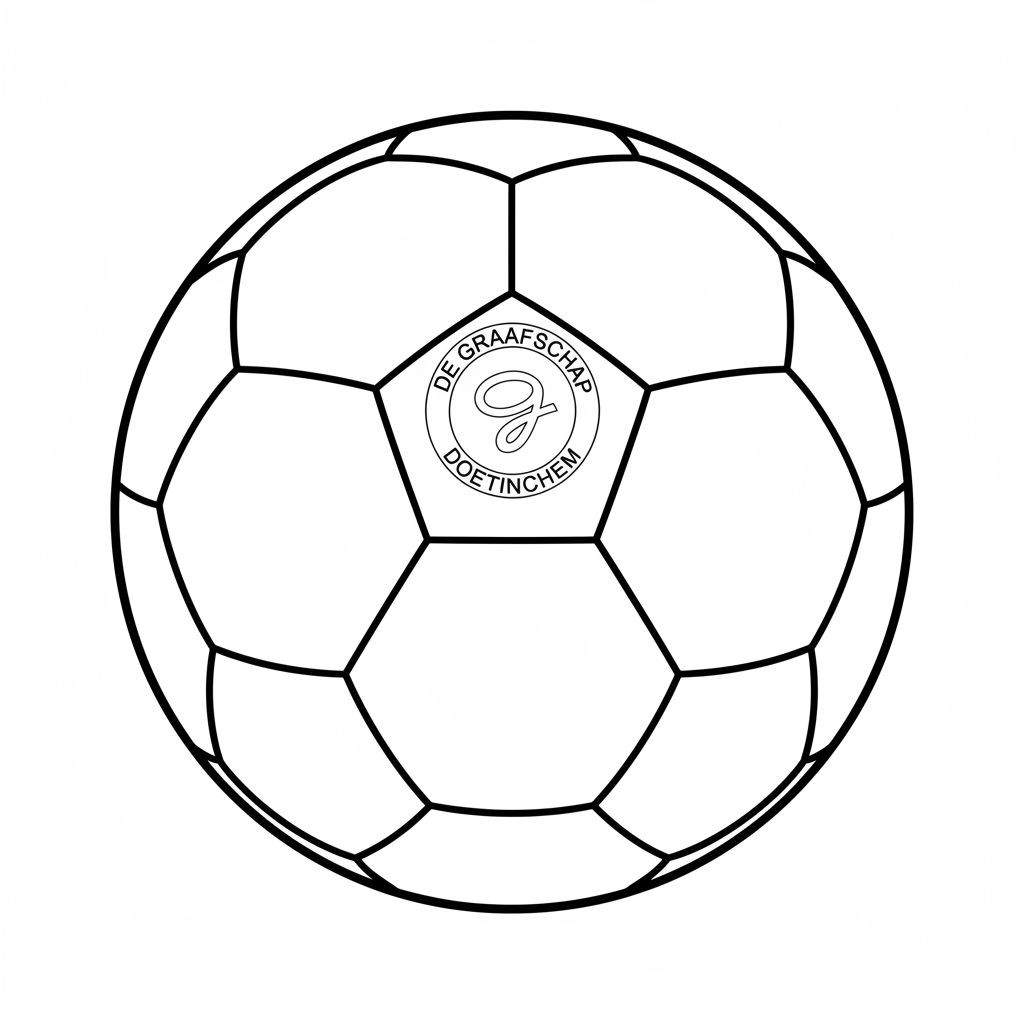 Kleurplaat van een voetbal met het ronde logo van De Graafschap in het midden, inclusief de teksten 'DE GRAAFSCHAP' en 'DOETINCHEM' en een gestileerde 'G'.