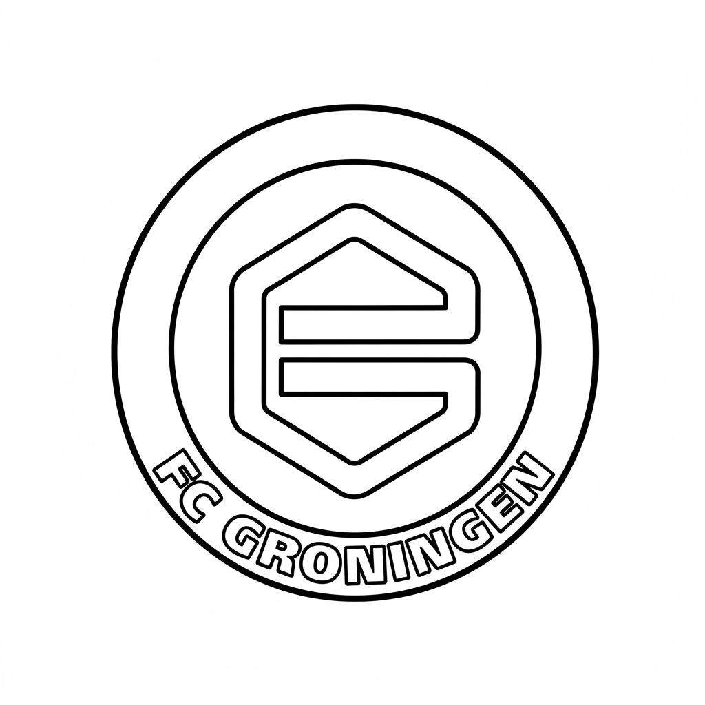 Zwart-wit lijntekening van het officiële FC Groningen clublogo, met een gestileerde 'G' in een zeshoek en de tekst 'FC GRONINGEN' eromheen, klaar om in te kleuren.