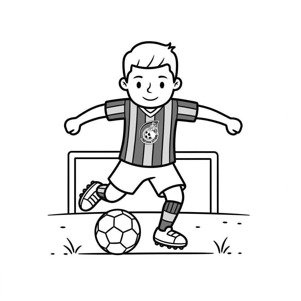 Zwart-wit kleurplaat van een lachende jongen in een Fortuna Cittad voetbaltenue die een voetbal trapt op een grasveld voor een doel.