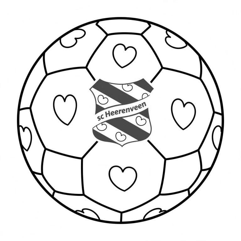 Kleurplaat van een voetbal met sc Heerenveen logo en hartjes op de vlakken, een lijntekening.