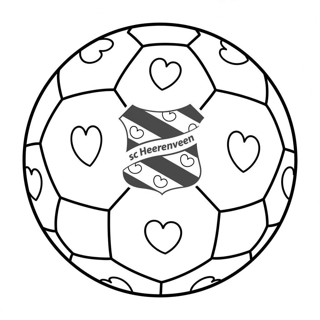 Kleurplaat van een voetbal met sc Heerenveen logo en hartjes op de vlakken, een lijntekening.
