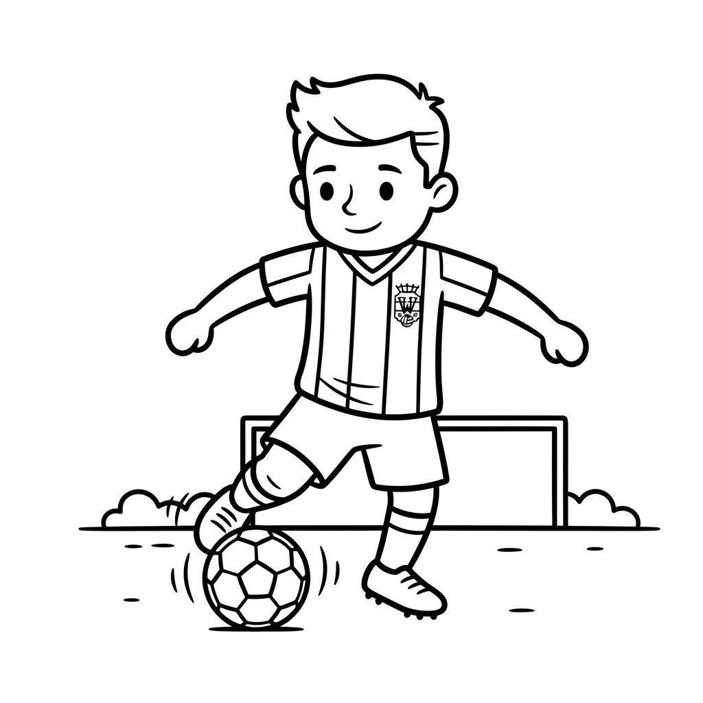 Zwart-wit kleurplaat van een lachende jongen in Willem II tenue die een voetbal dribbelt voor een doel op een grasveld.