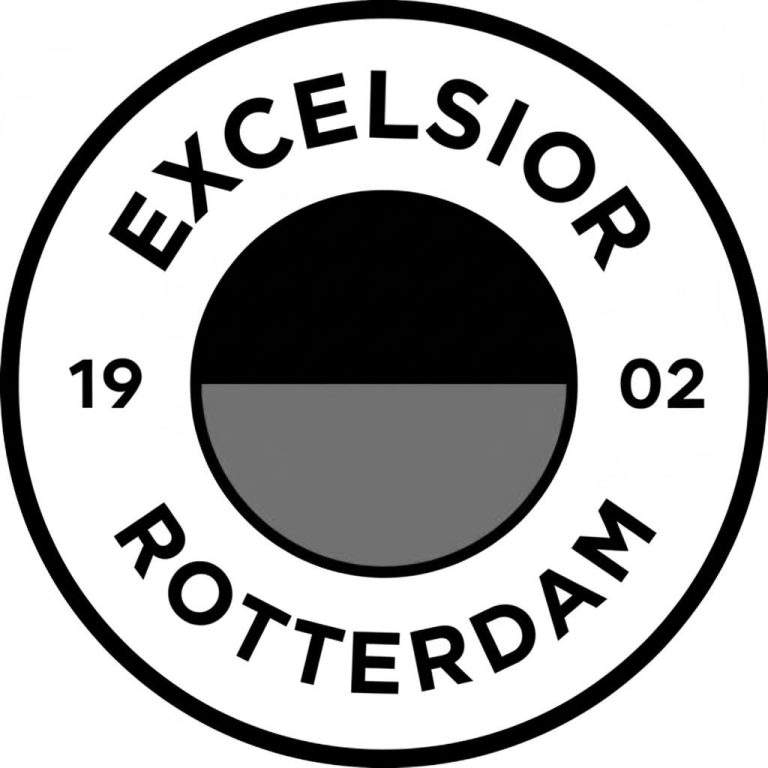 Kleurplaat van het ronde Excelsior Rotterdam clublogo. Witte achtergrond, dikke zwarte rand. 'EXCELSIOR' bovenaan, 'ROTTERDAM' onderaan, '19' links, '02' rechts. Middenin een kleinere cirkel horizontaal verdeeld: boven zwart, onder grijs.