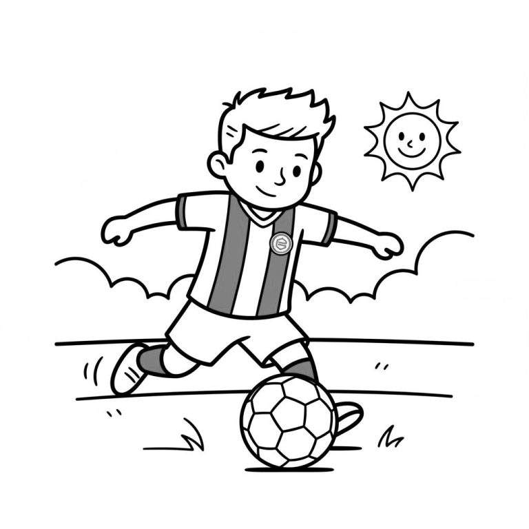 Kleurplaat van een lachend jongetje in gestreept FC Groningen voetbalshirt en korte broek, schopt een klassieke voetbal op een grasveld met zon en wolken.