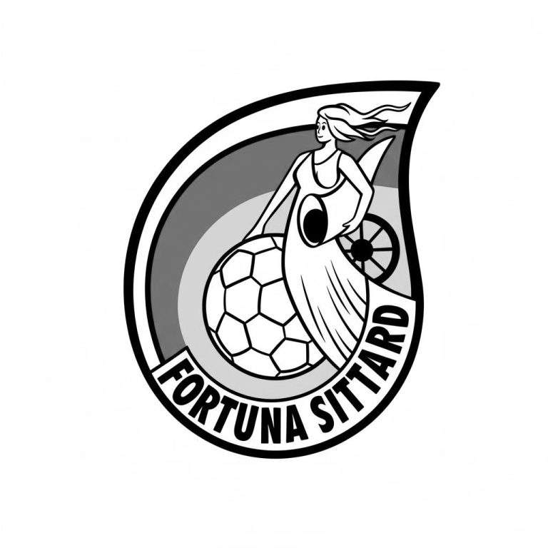 Zwart-wit kleurplaat van het Fortuna Sittard voetbalclub logo. Het druppelvormige embleem toont een vrouw met wapperend haar en jurk, leunend op een voetbal en een lege hoorn des overvloeds vasthoudend. Op de achtergrond een spaakwiel en grijze kleurovergang. De tekst 'FORTUNA SITTARD' staat onderaan.